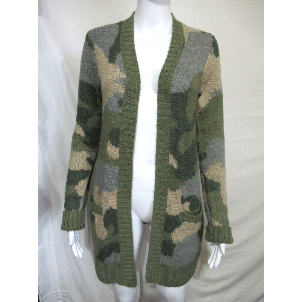 Hollister‎ Women's XS Long Sleeve Green Camouflage Cardigan Sweater Knee Length